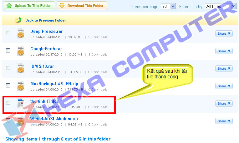 Kết quả của việc Upload thành công